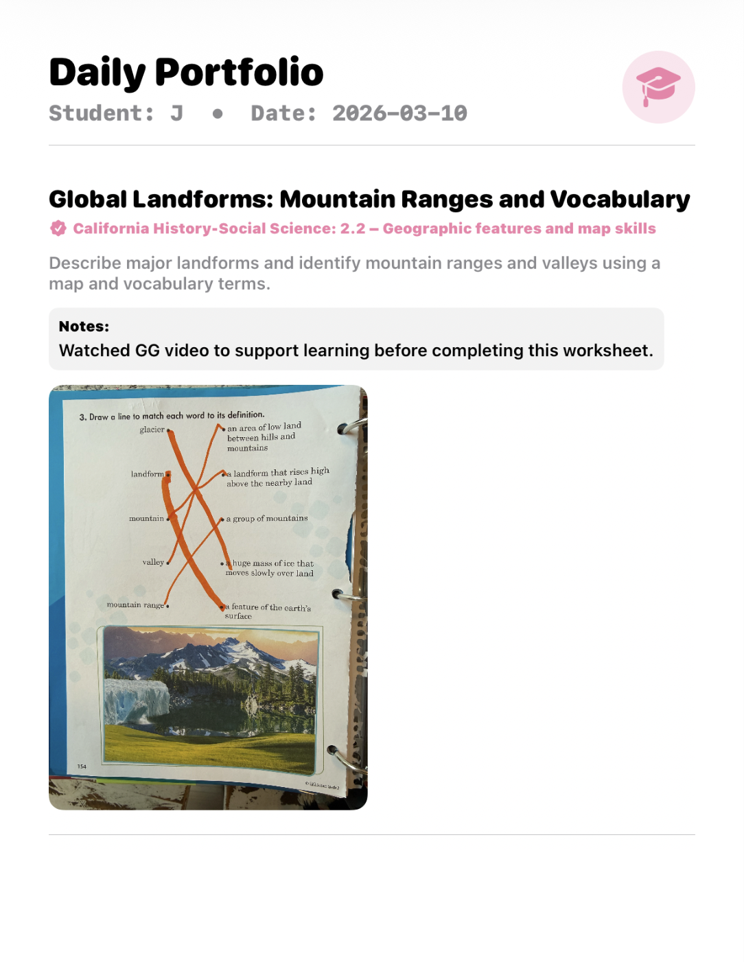 Sample homeschool daily portfolio PDF showing notes, standards, and work evidence