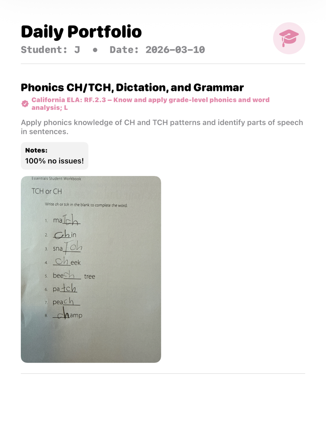 Second sample homeschool daily portfolio PDF showing standards alignment and attached work